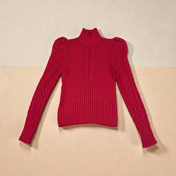WHITE HOUSE BLACK MARKET Red Puff Sleeve Cable Mockneck Sweater SIZE M - Picture 2 of 3